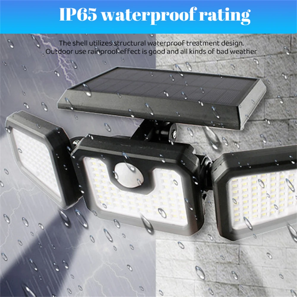 Lámpara Solar LED de pared para exteriores, luz de seguridad con Sensor de movimiento PIR, impermeable IP65, 3 cabezales, 74 LED