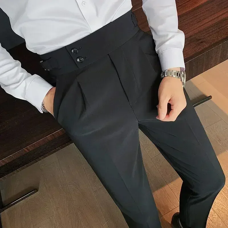 Men High Quality Elegant Slim Dress Pants Naples Suit Pants High Waisted Italian Business Formal Social Trousers Banquet Wedding