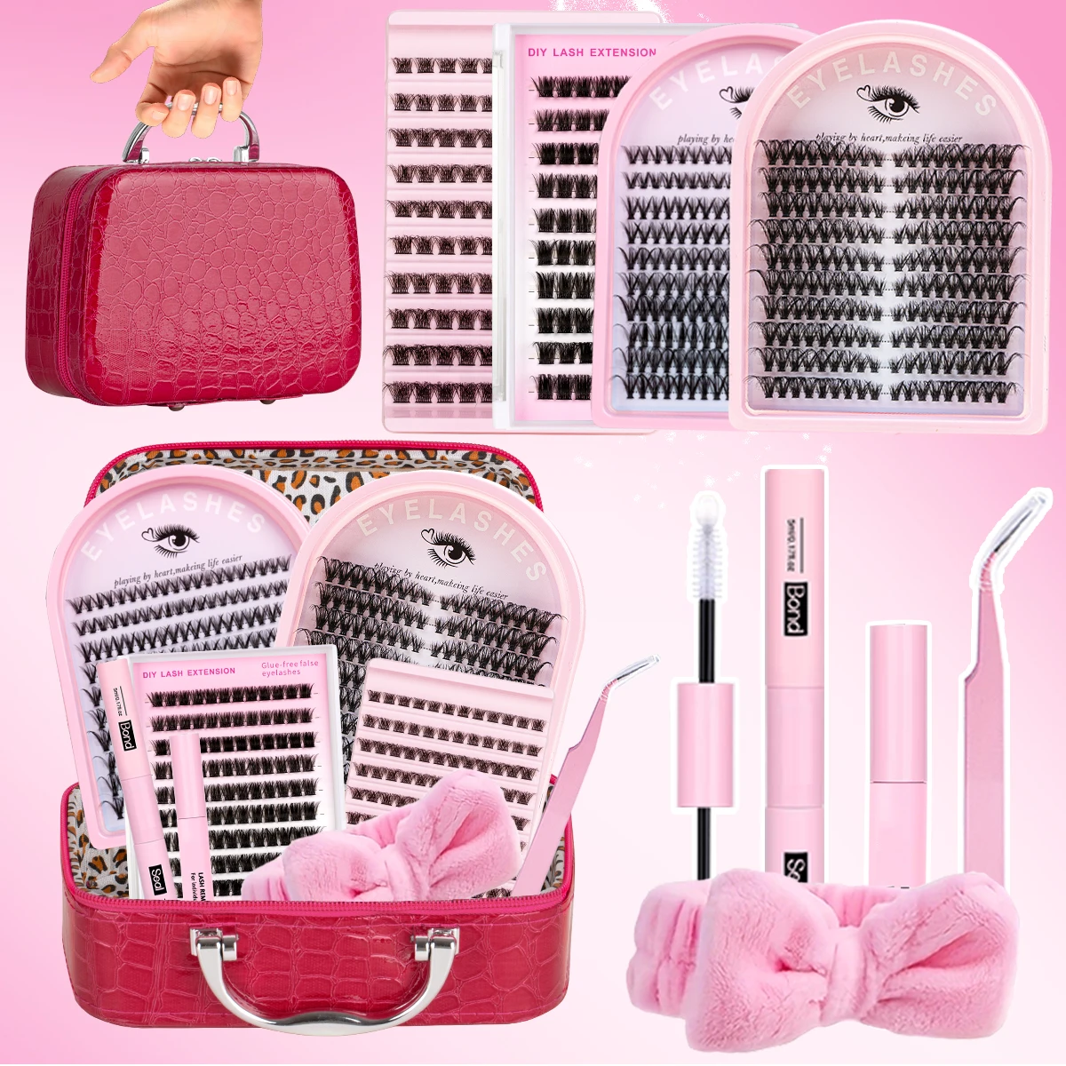 Kit d'extension de cils 3D, mélange de styles, grappes de cils adaptées aux débutants, naturel avec pince à épiler dissolvant de colle, cadeau de Festival