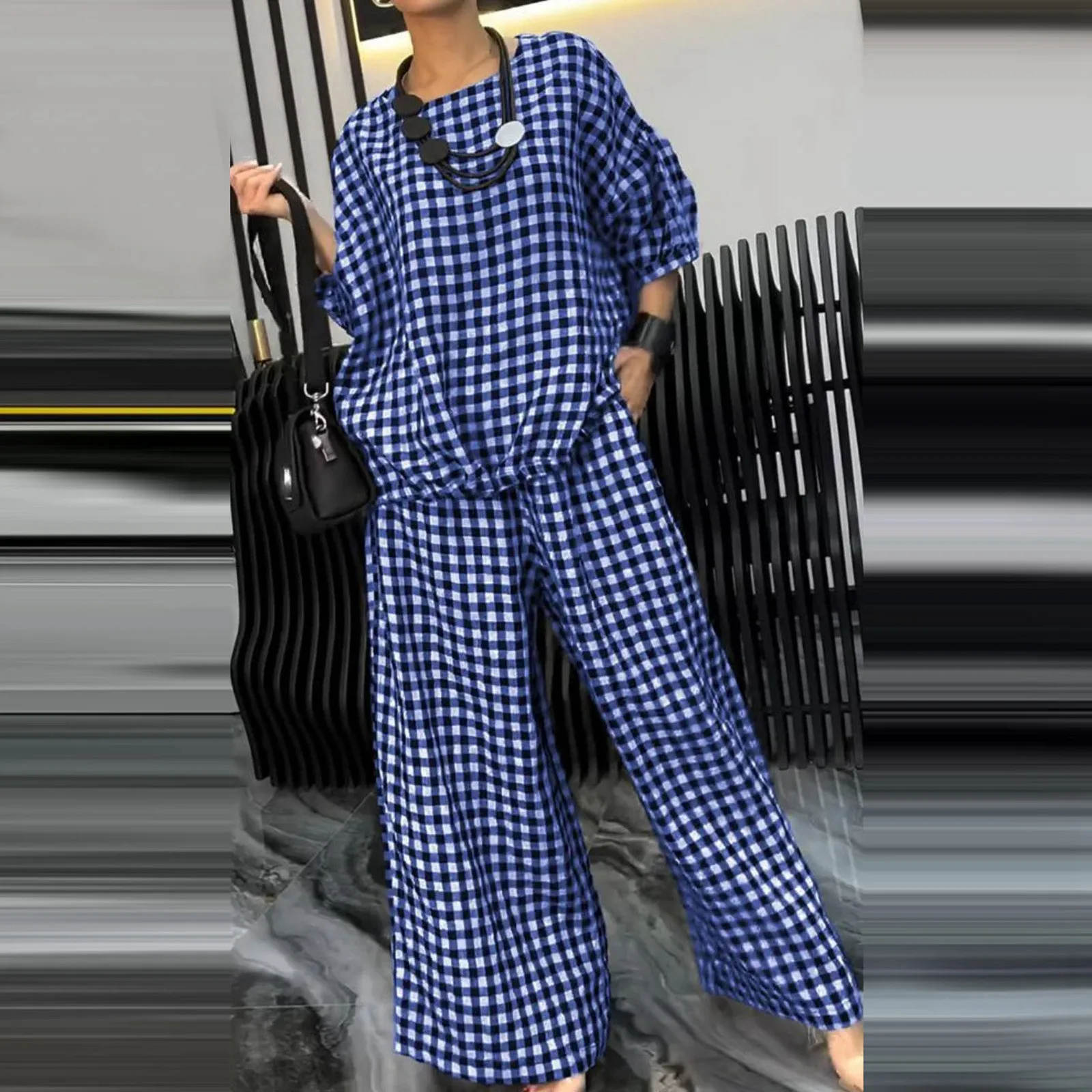 Plaid Half Sleeve Sets For Women 2 Pieces O-Neck Back Drawstring Top Pullover Wide-Leg Pants Suit Fall Outfit Holiday Set