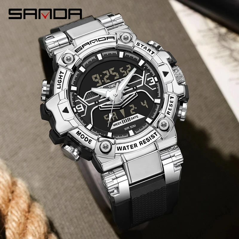 Sanda 3186 New Year Trendy Digital Analog Display TPU Strap Waterproof Shock Resistant Fashion Sports Men Cool Watches