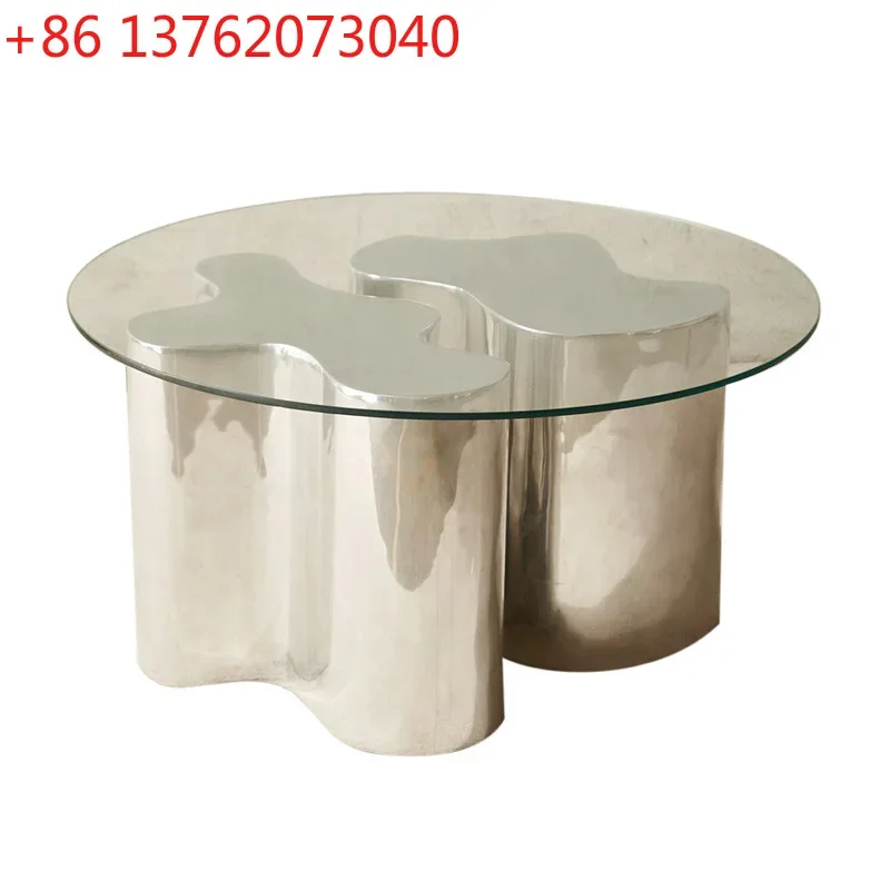 Stainless steel silver irregular coffee table tempered ultra-white wave special-shaped tree root simple sofa table