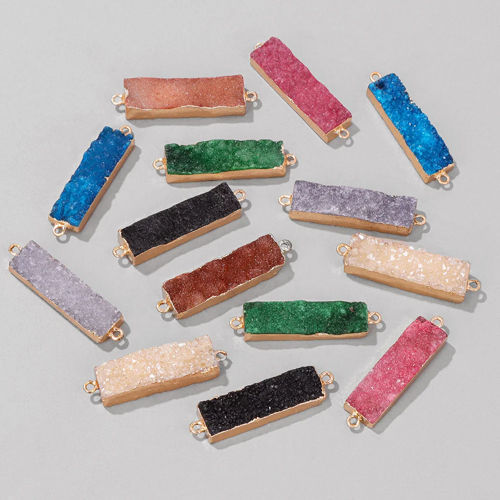 Trendy 10*35mm Rectangle Quartz Druzy Pendant Natural Stone Crystal Double Hole Connector Charm DIY Bracelets For Jewelry Making