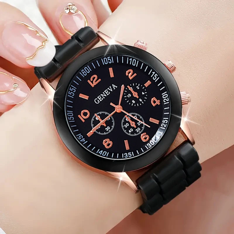 6PCS Fashion sports style black silicone women\'s quartz watch with butterfly earrings bracelet Necklace ring jewelry set