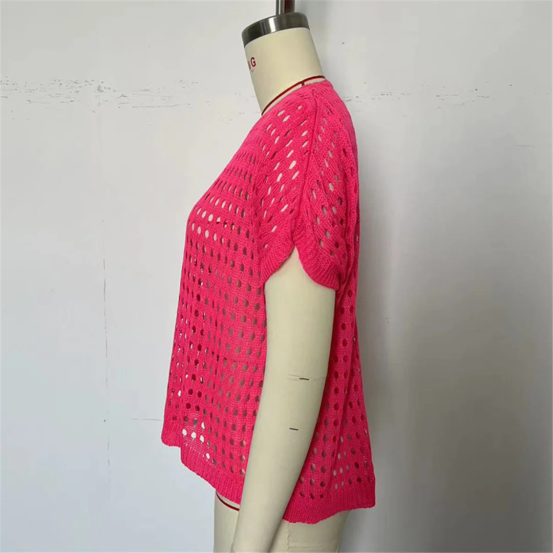 Ausgehöhlte, kurzärmelige Tunika mit V-Ausschnitt, einfarbig, aus Strick, Strandkleid, Strandmode, Damen V8511 – Detail 23