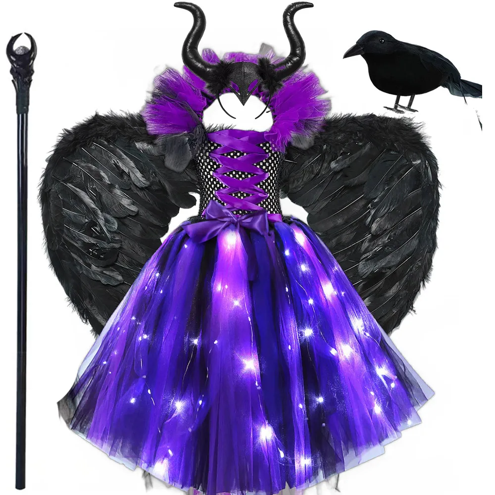 

2024 Illuminating Maleficent Tutu Dress Child Cosplay Halloween Light up Malefient Costume for Girls Vallain Evil Queen Clothing