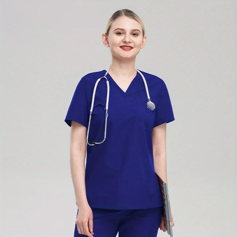 Conjunto de uniforme de enfermera de manga corta con cuello en V elástico para mujer