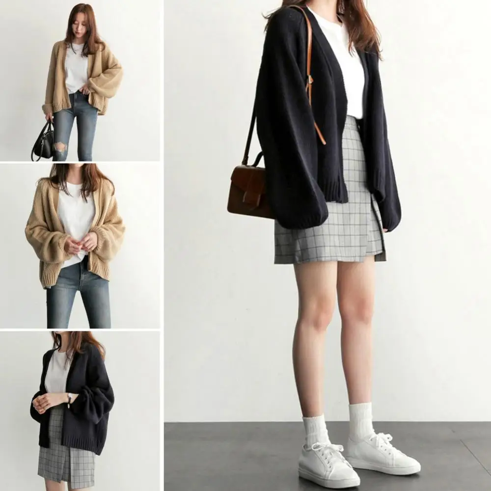 2021 Phụ Nữ Mùa Thu Ấm Dáng Rộng Màu Trơn Ngắn Đan Áo Len Choàng Thời Trang Mùa Đông Harajuku Veste Femme