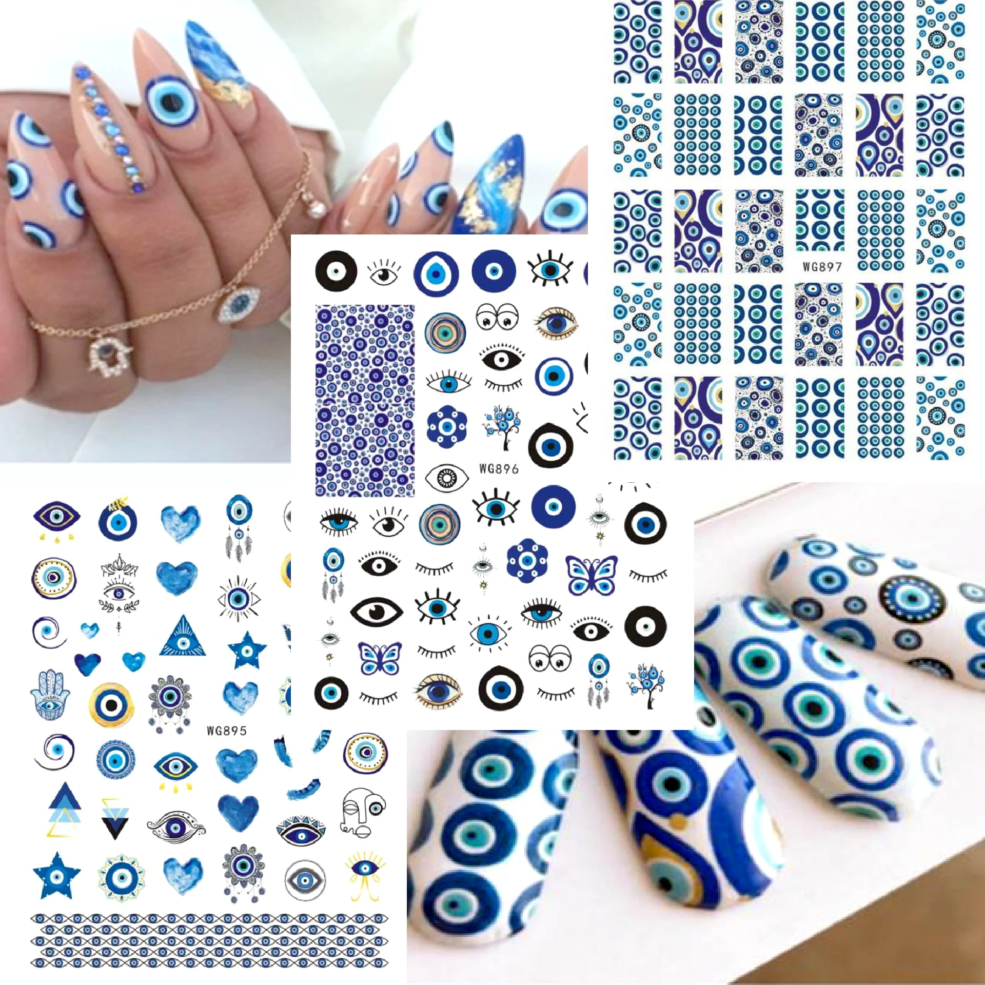 

1PCS Eye Nail Stickers 3D Adhesive Backing Abstract Pattern Sexy Evil Eye Nail Art Decorations White Love Heart Nails Accesories