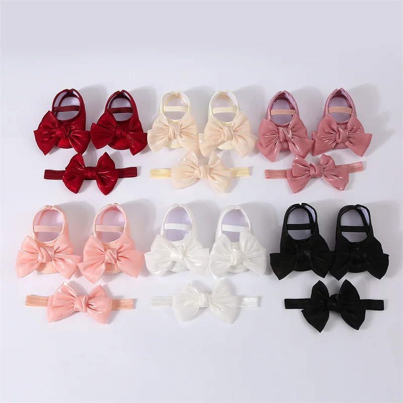 

Baby Girls Baptism Shoes and Headband Sets Bog Bowknot Flats Infant Crib Shoes Newborn Casual Princess Shoes