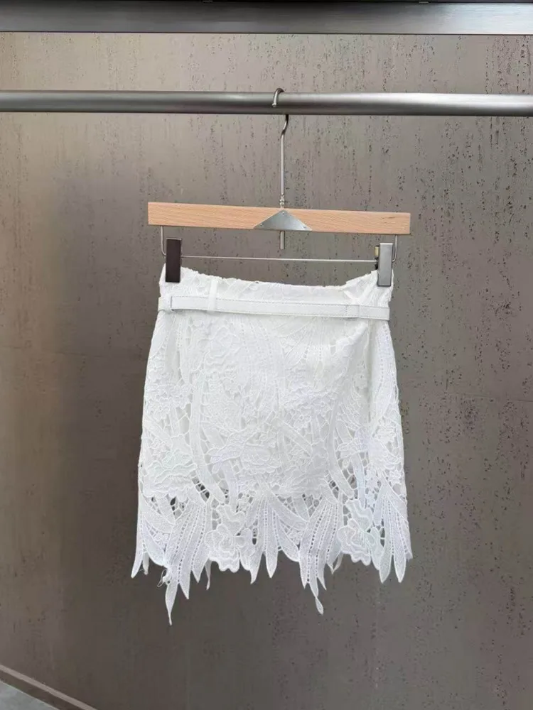 Elegant Fashion Women Embroidery Lace A Line Skirt Belted Mid Waist Hollow-Out Mini Skirts Casual Lady Spring Summer Streetwear