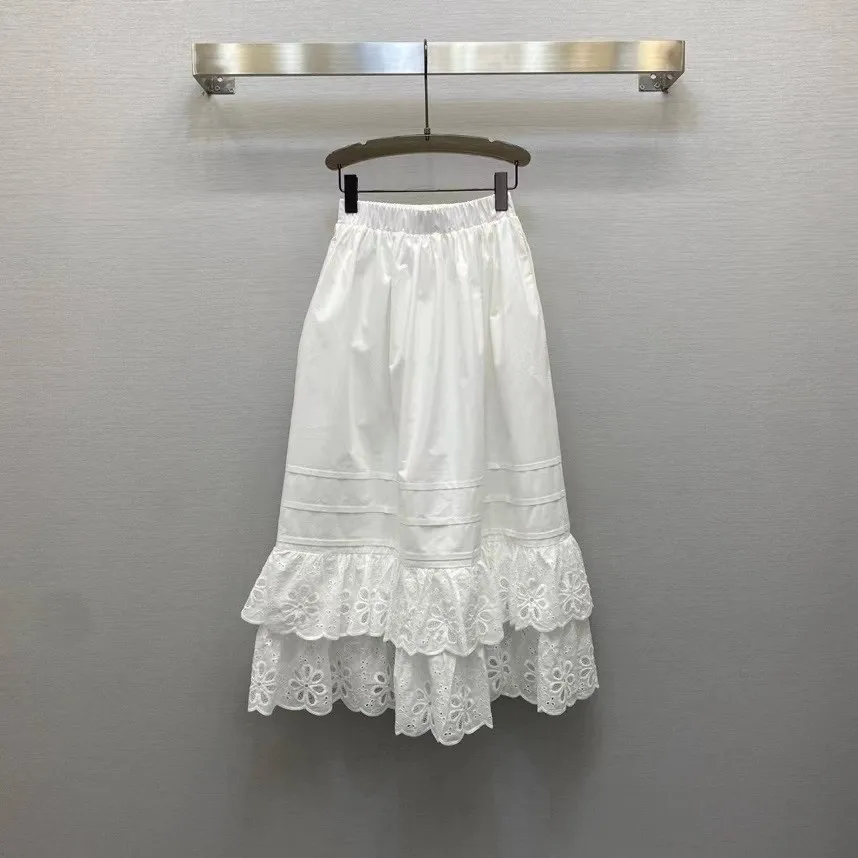 VGH French Elegant Embroidery White Long Skirt for Women High Waist with Elastic Patchowrk Hollow Out Ruched Sweet Skirts Female