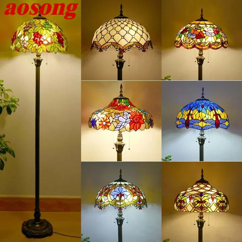 

AOSONG Tiffany Floor Lamp American Retro Living Room Bedroom Lamp Country Stained Glass Floor Lamp