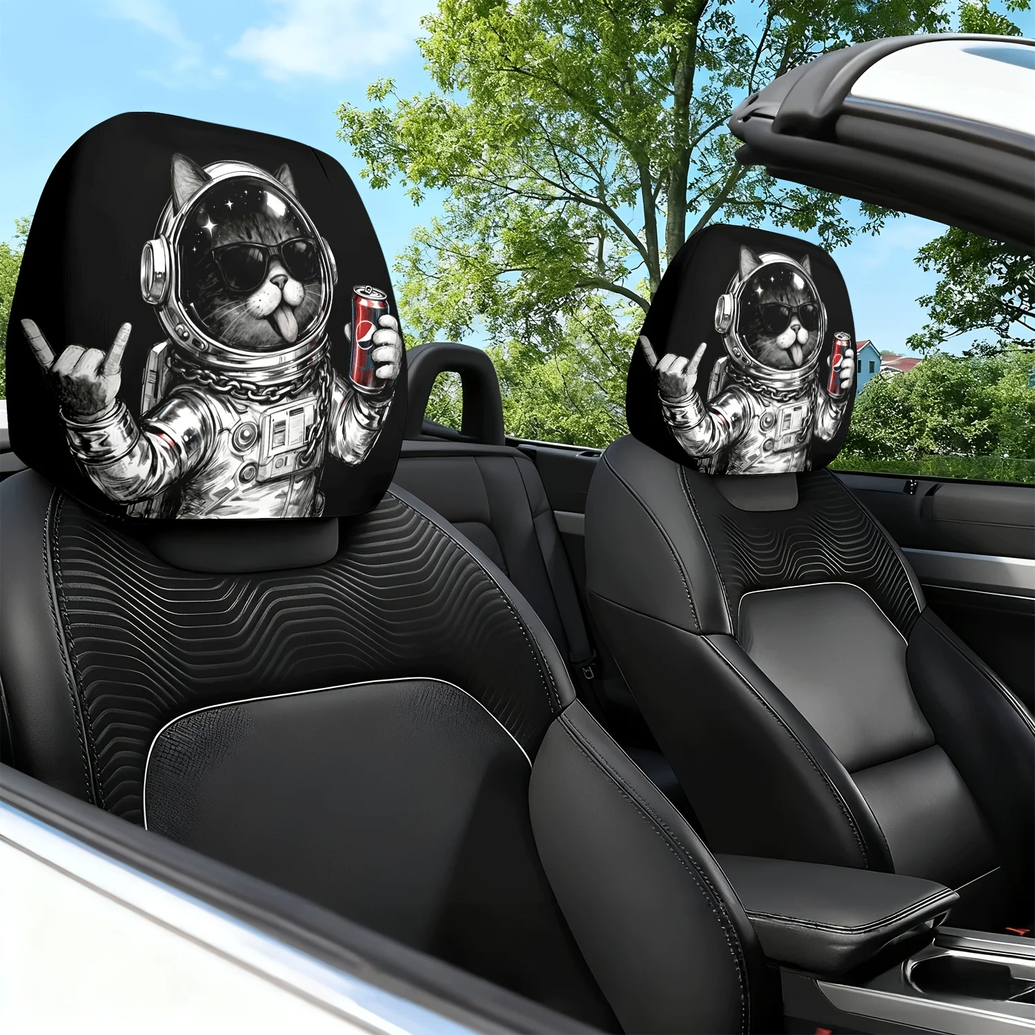 2pcs Car Headrest Covers, Cat Astronaut Themed Printed Pattern Car Seat Cushion Headrest Neck Pillow Protector - with Cute Des