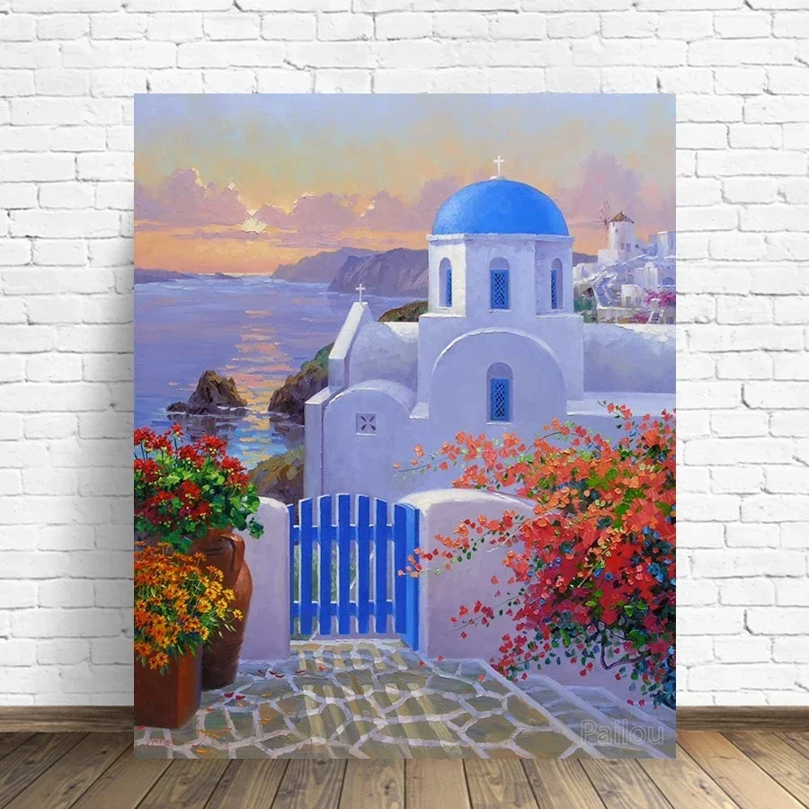 Grecia isola di barcellona paesaggio pittura diamante arte bellissimo paesaggio di fiori di mare blu pieno punto croce mosaico decorazioni per la