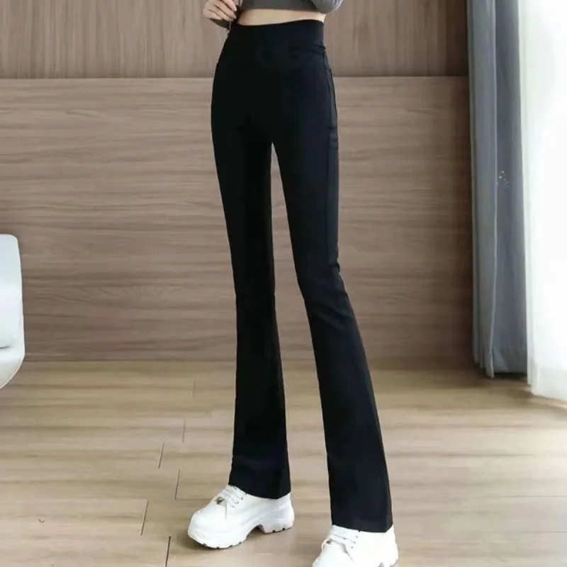 2023 Velvet and Thickened Women\'s Autumn and Winter New High Waist Patchwork Pocket Loose Casual Solid Color Micro Horn Pants