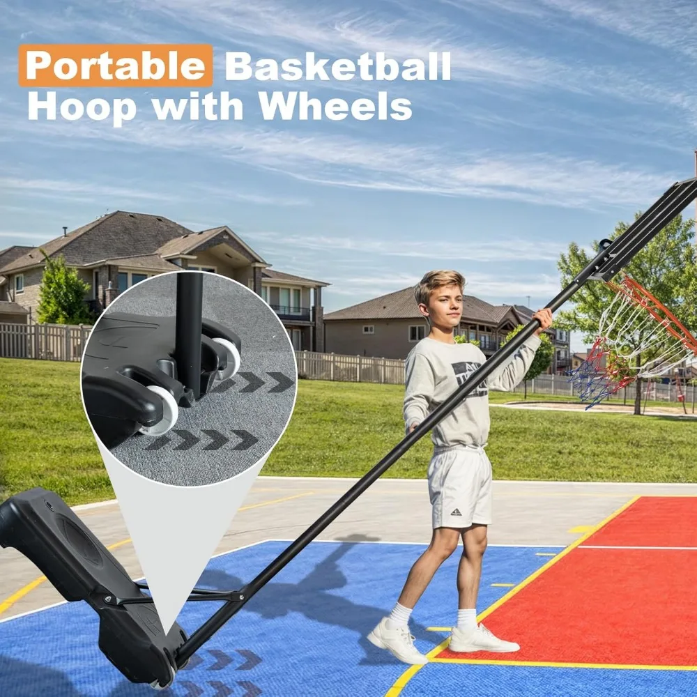 Aro de baloncesto ajustable para exteriores de 5-10 pies con manivela manual, tablero trasero de PC de 33/44 pulgadas, ruedas para estabilidad y portabilidad