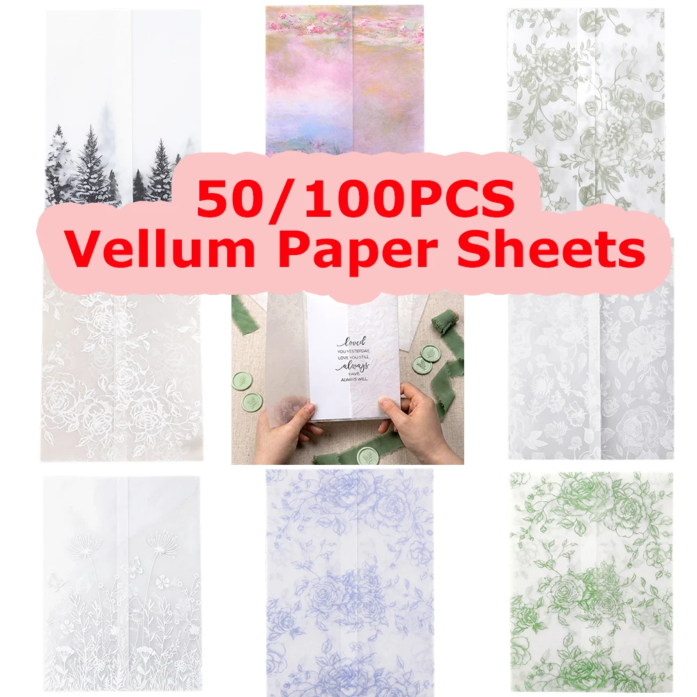 Assorted Pattern Transparent Vellum Paper Vintage Landscape Floral Print Sheets Wedding Invitation Enclosure DIY Scrapbook Craft