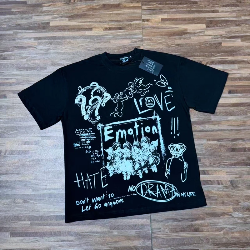 High-Street-Punk-Graffiti-Engel-Print T-Shirts für Männer, Übergroße Rote Kurzarm-Grafik-Tops, Lässige Kleidung aus Baumwolle für den Sommer – Detail 5