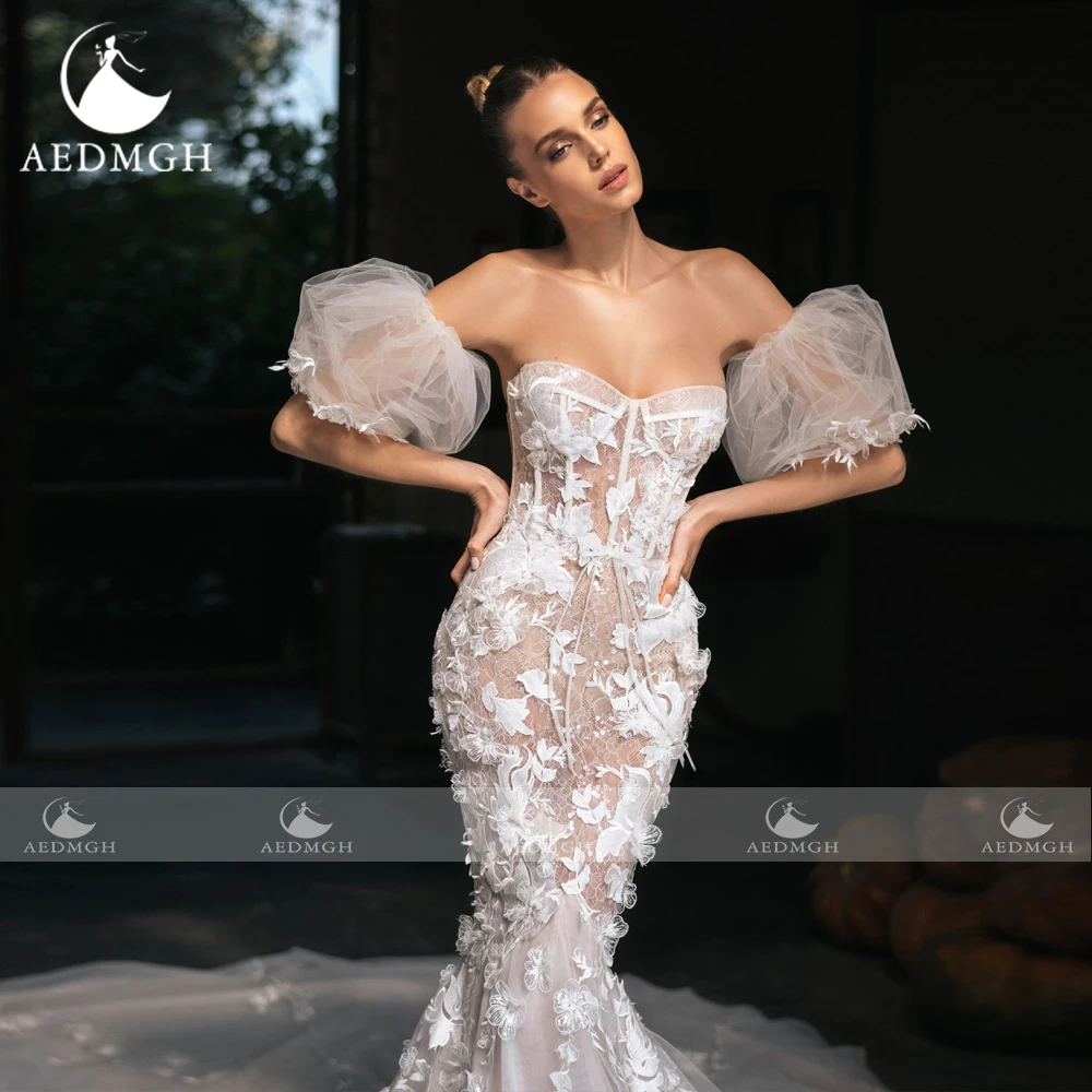 Aedmgh Sirena Abiti da sposa eleganti Senza spalline Manica staccabile Vestido De Novia Applicazioni in pizzo Abito da sposa su misura