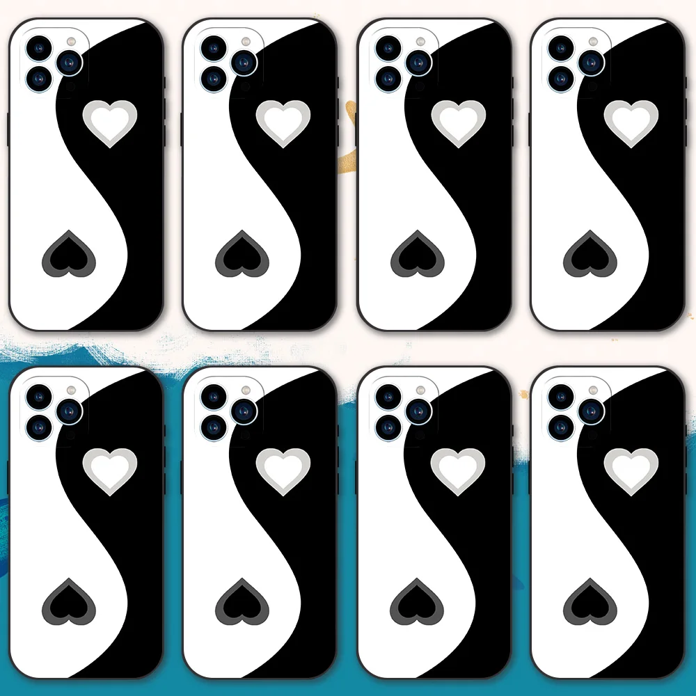 Fashion Yin Yang love Phone Case for iPhone 12 11 13 14 15 16 Max Pro Plus Black Soft Silicone Cover