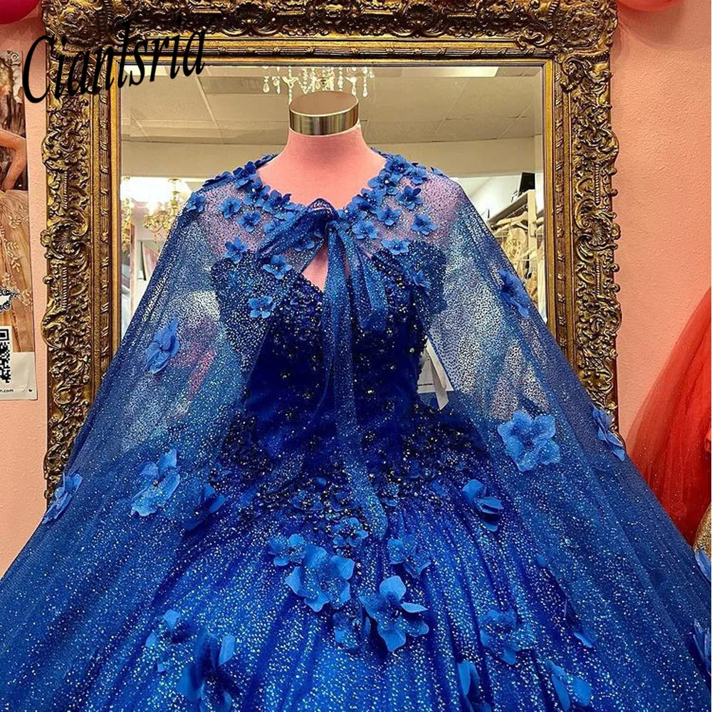 Azul real cristal miçangas quinceanera vestido com cabo vestido de baile querida sem mangas 3d flores espartilho vestido de 15 anos