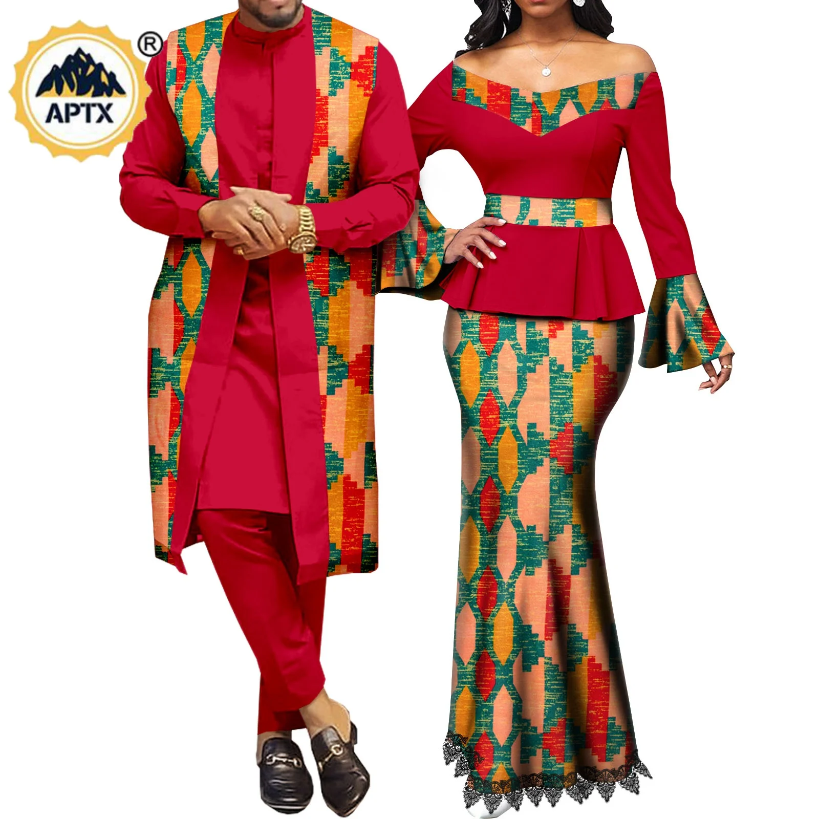 

African Clothes for Couples Matching Outfits Metallic Women Print Lace Top and Mermaid Skirt Sets Dashiki Men Outwear Y22C041