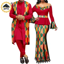 Vêtements Africains pour Couples, Tenues Assorties Métalliques, Ensemble Haut en Dentelle Imprimé et Jupe Sirène Dashiki, Vêtements d'Extérieur pour Hommes, Y22C041