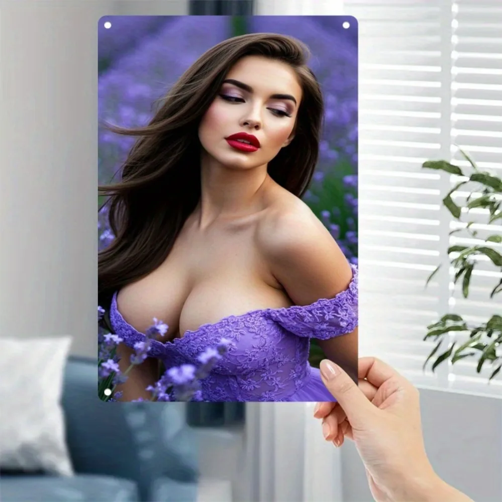 Retro Metal Tin Sign, Woman in Purple Off-Shoulder Dress in Lavender Field, Vintage Floral Wall Art Decor, 20x30cm