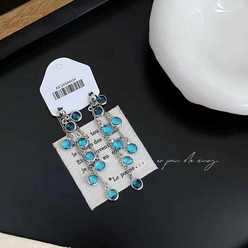 Earrings Blue Crystal Tassel Long Ethereal Lightweight Chic Elegant Silver Post Hypoallergenic Daily Office Party Gift Women