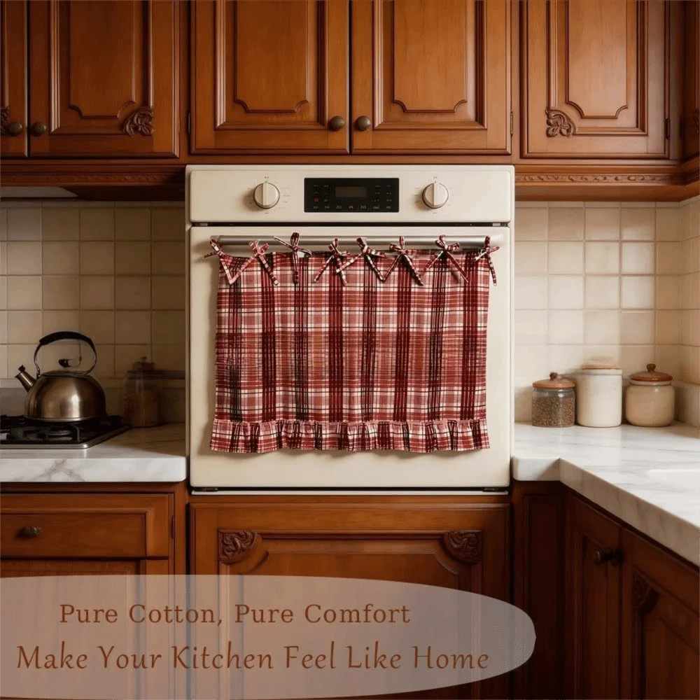 Pastoral Style Handmade Oven Skirt Heat-Resistant Washable Oven Door Curtain Plaid Rustic Decorative Oven Cover Kitchen Decor