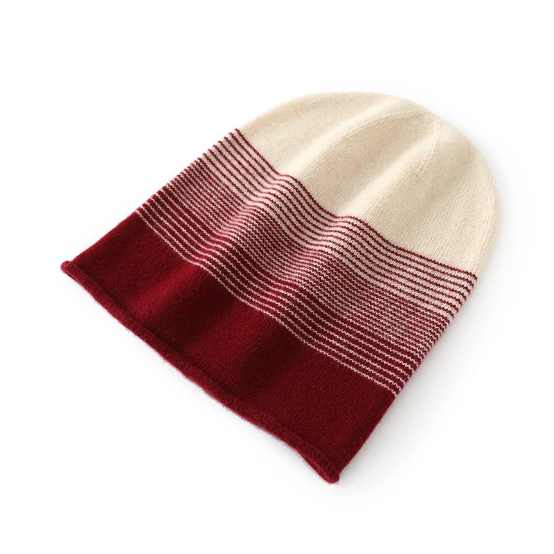 100% Pure Wool Hat Autumn Winter New Style Rolled Edge Gradient Striped Slouchy Knit Hat Warm Head Wrap Ear Protection Cold Hat