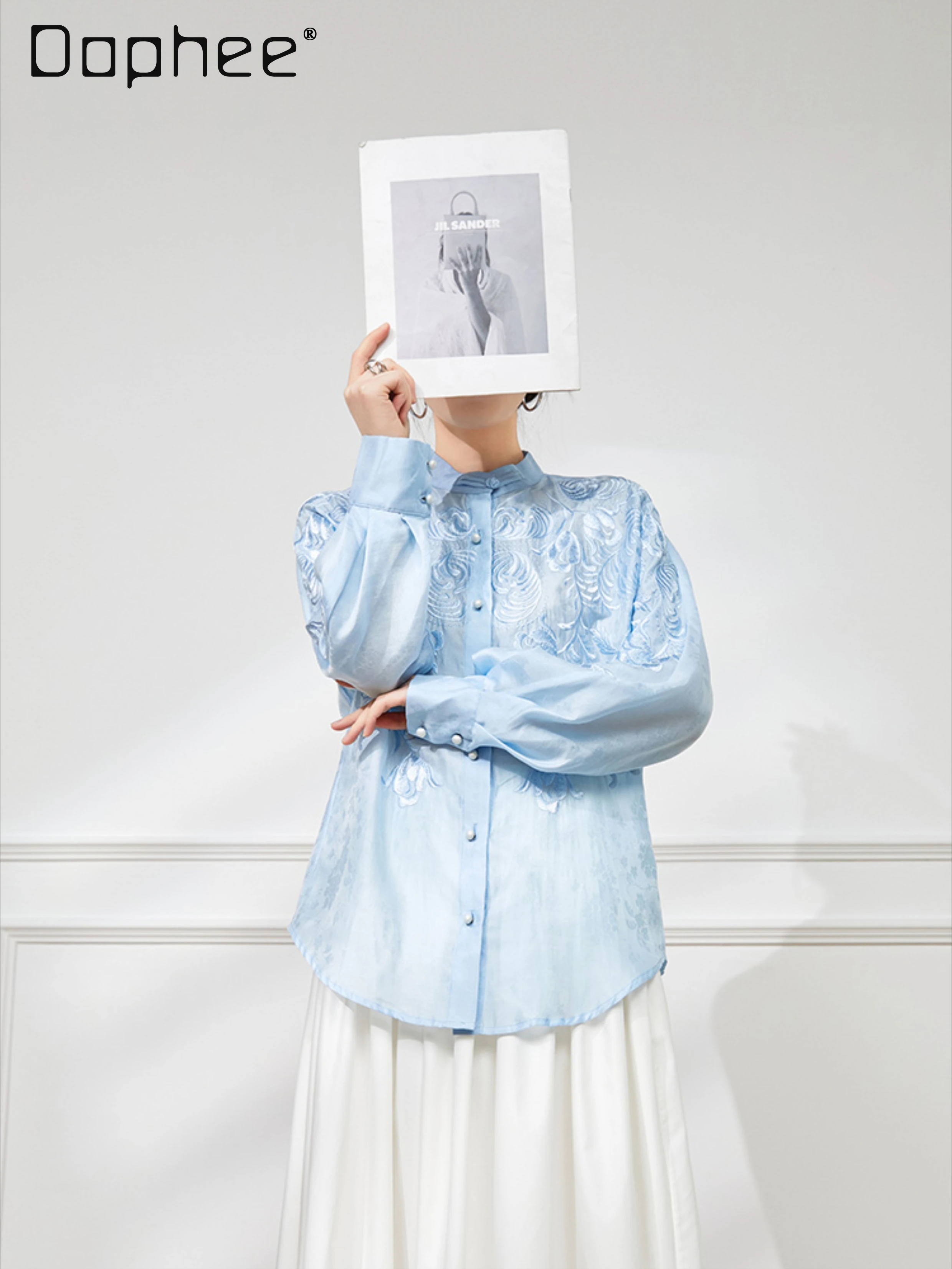 새로운 중국 스타일 수 놓은 셔츠 하이 엔드 라이트 럭셔리 스탠드 칼라 싱글 브레스트 긴팔 셔츠 여성 봄 여름