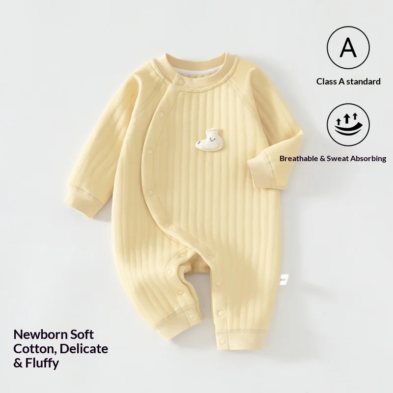 Baby Side-Snap Quilted Jumpsuit, Thick Warm Long-Sleeve Romper, Cozy Winter Sleepwear for Newborns