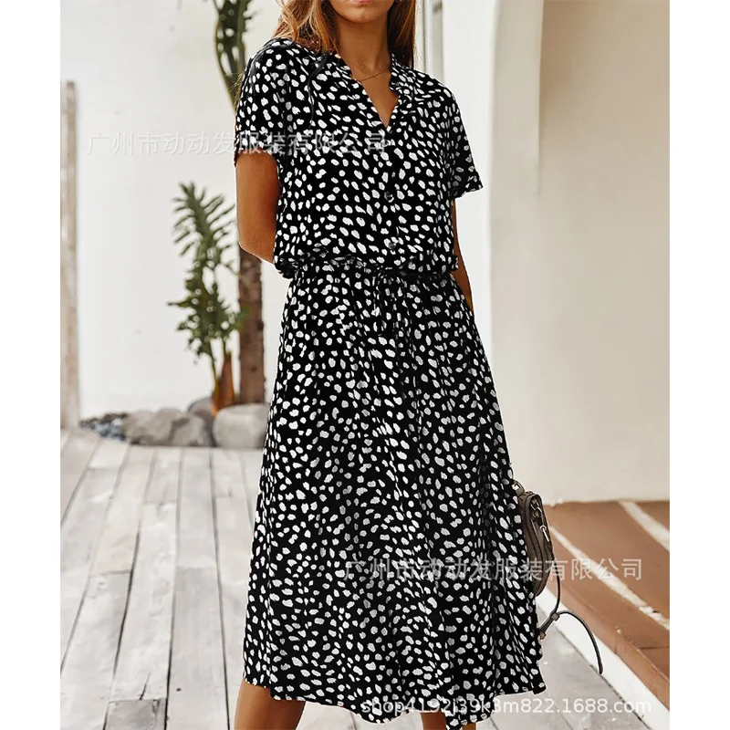 Letnia sukienka 2023. Polka DotLadies Leopard Print Shirt Dress, Bohemian, średniej długości, wysoka talia, kostiumy kąpielowe, wakacje, lato