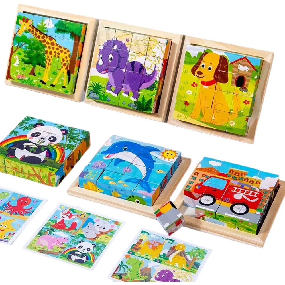 Kreskówkowa 6-stronna drewniana kostka puzzle dla dzieci, zabawki edukacyjne, śmieszne gry dla dzieci w wieku 3-9 lat. — zdjęcie 2