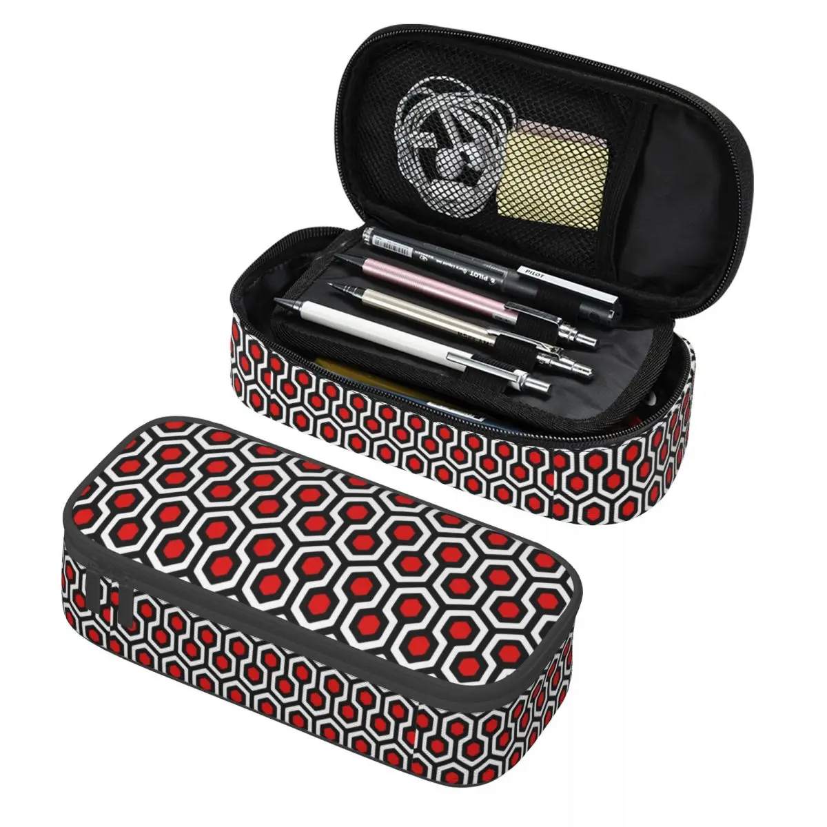 Custom Shining Hotel Carpet Red White Looped Hexagons Overlook Pencil Case for Vintage Geometric Pen Bag Box School Accessories