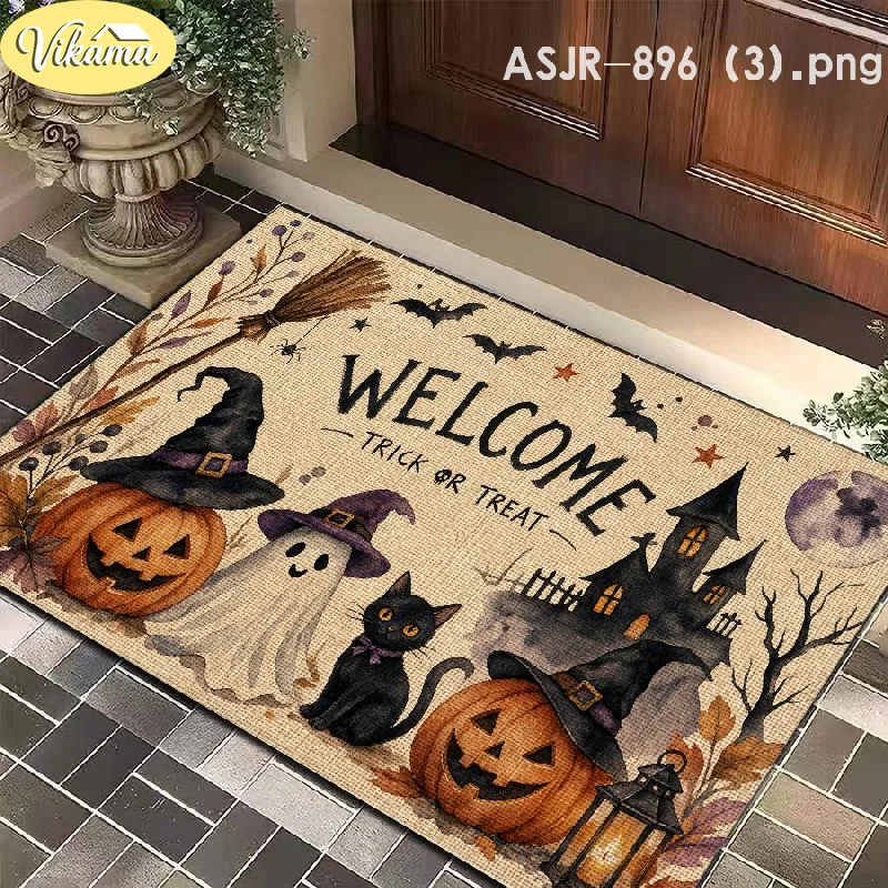 VIKAMA Halloween Door Mat Pumpkin Ghost Black Cat Witch Hat Castle Bat Print Non Slip Rug For Entrance Hallway Party Decoration