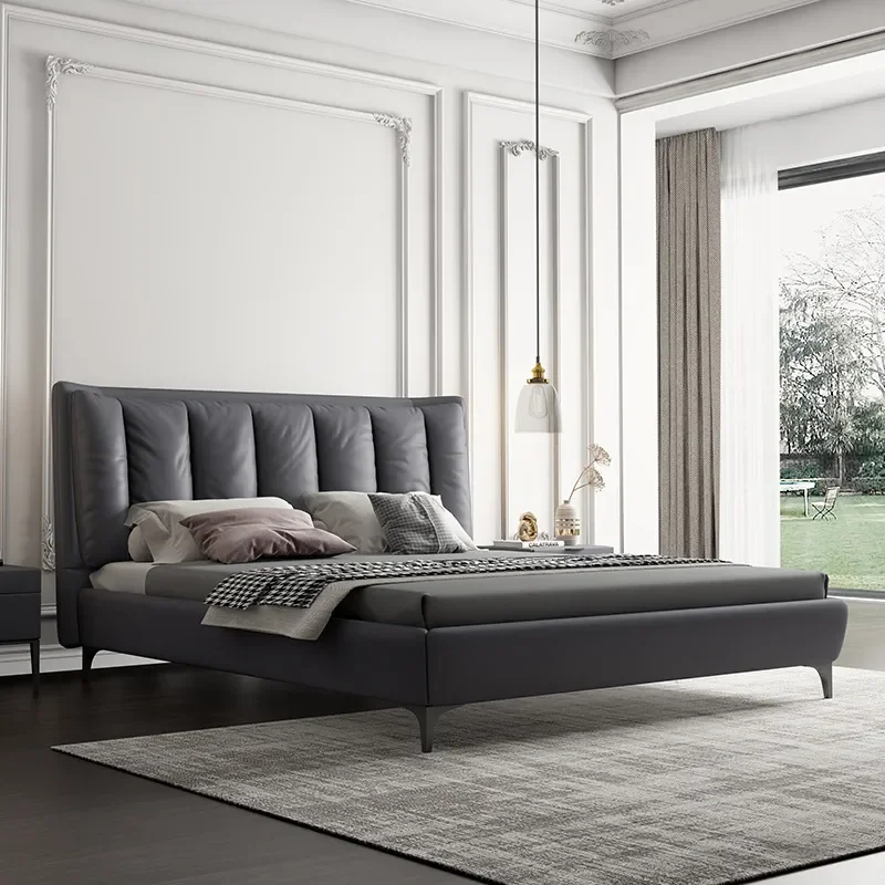 Modern Italian Minimalist Leather Bed Solid Wood Frame Double Size Nordic Light Luxury Master Bedroom Furniture for Wedding