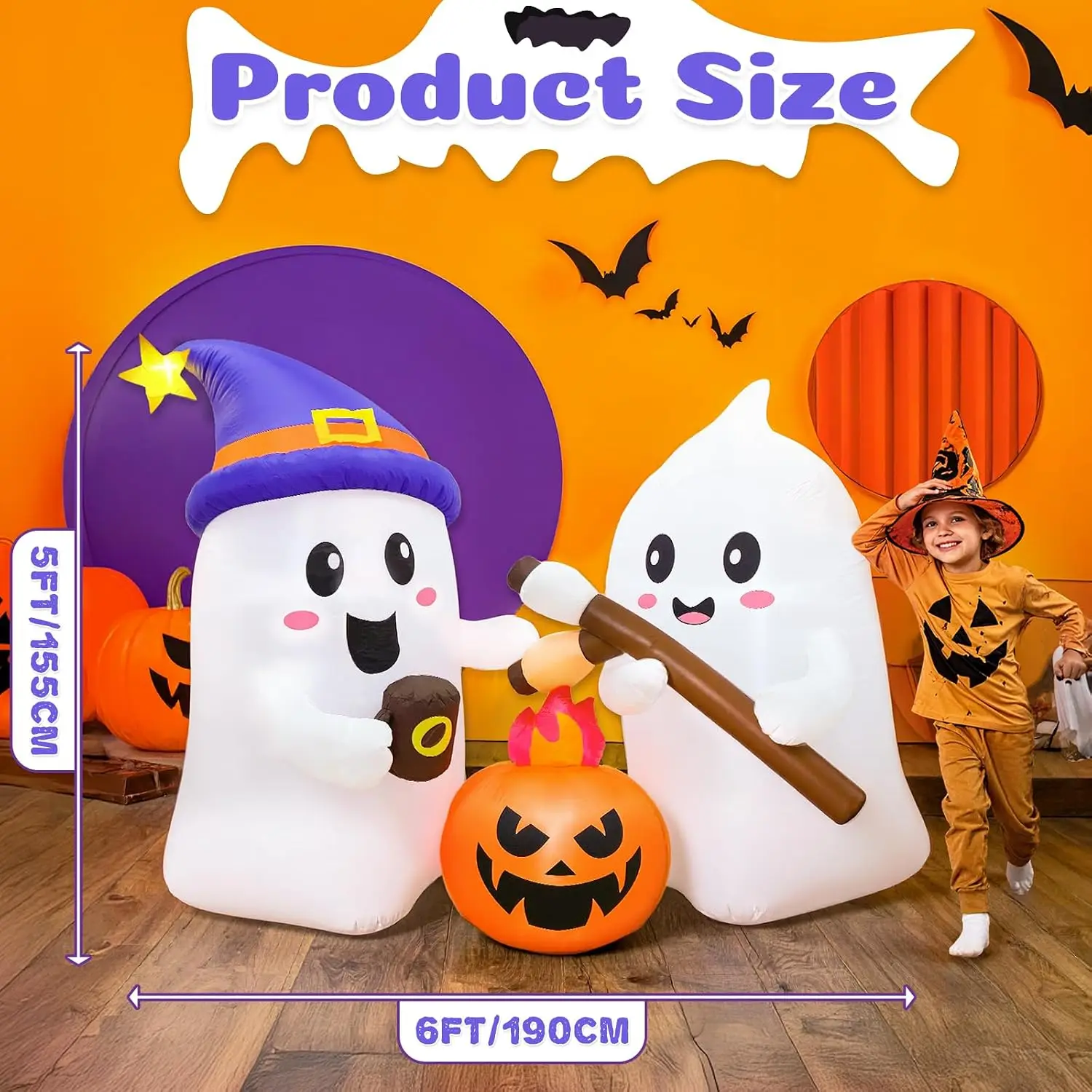 6FT Couple Campfire Ghost Inflatable Halloween Decorations Outdoor | Cute Inflatable Ghost Halloween Blow Up, Built-in LED Light