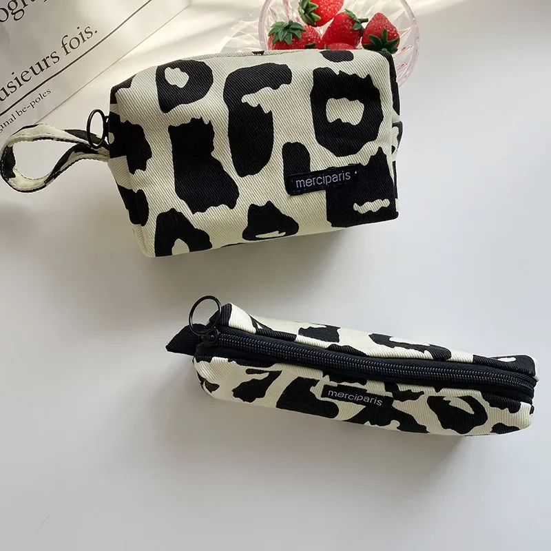 Retro Canvas Women\'s Cosmetic Bag Simple Plaid Girls Pencil Case Leopard Print Ladies Lipstick Storage Bag Small Wallet Handbags