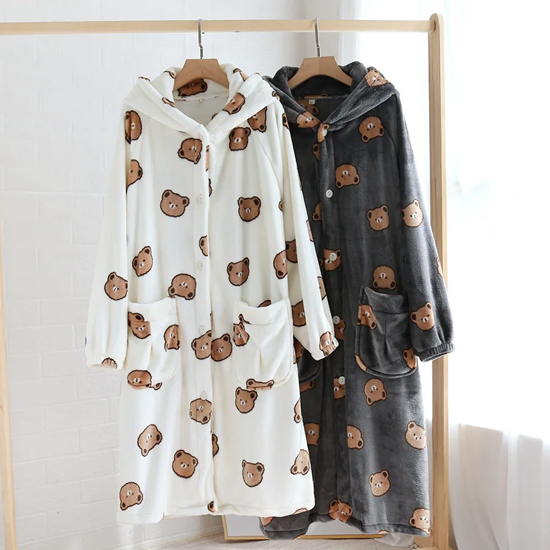 

Coral Fleece Hooded Nightgown Autumn Winter Thickened Couple Flannel Warm Shower Robe Pajamas Sleepwear