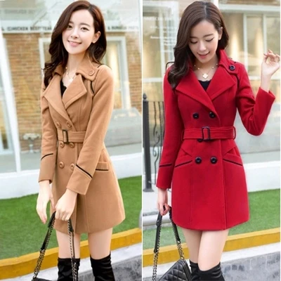 

Winter Women's Faion Woolen Coat Long Jaet Street Sle Slim Fit Polyester Double Breasted Midi Length Pure Color