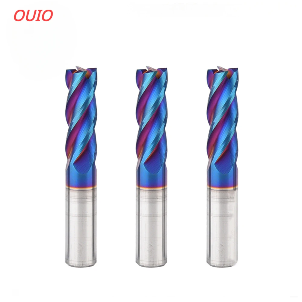 

OUIO HRC65 CNC Cutting Tools Carbide Flat End Mill Tungsten Cutter 4 Flute Metal Steel Machining Tool Bit 3 4 6 8 12 Shank