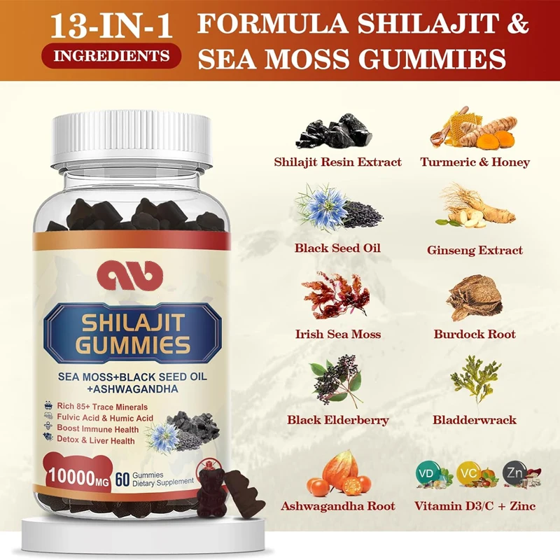 

Shilajit resin gummies contain black seed oil, ginseng, South African eggplant ginger, over 85 trace minerals, and fulvic acid