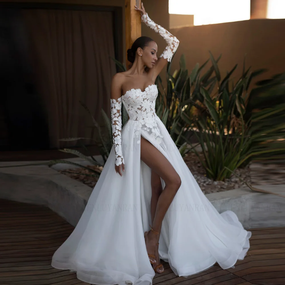 Elegant Boho Wedding Dresses Applique Detachable Sleeves Wedding Bride Dress A-line Long Dress For Wome 2025 Vestidos De Novia
