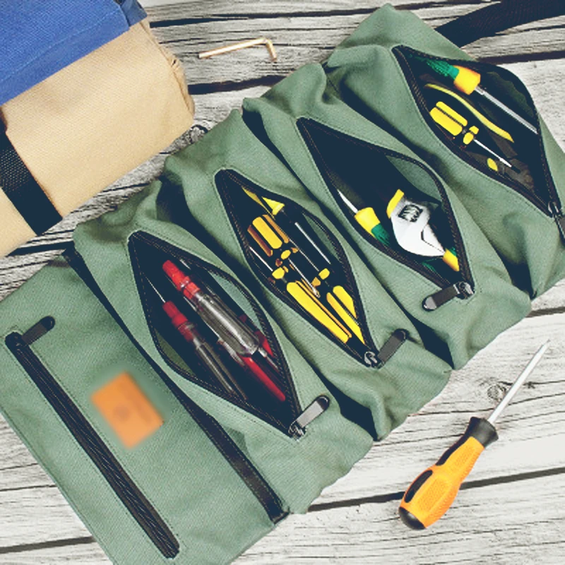 Canvas Motorcycle Tool Bag Roll Tool Roll Multi-Purpose Tool Roll Up Bag Hand Repair Tool Storage Bag