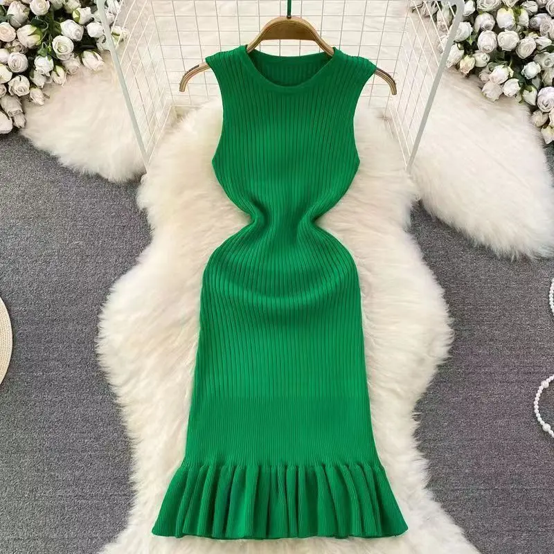 

Knitted Vest Tank Women's Sleeveless Top Halter Clothing Fashion Sheath Sundress Crew Neck Sleeveless Ruffled Knit Dress Summer