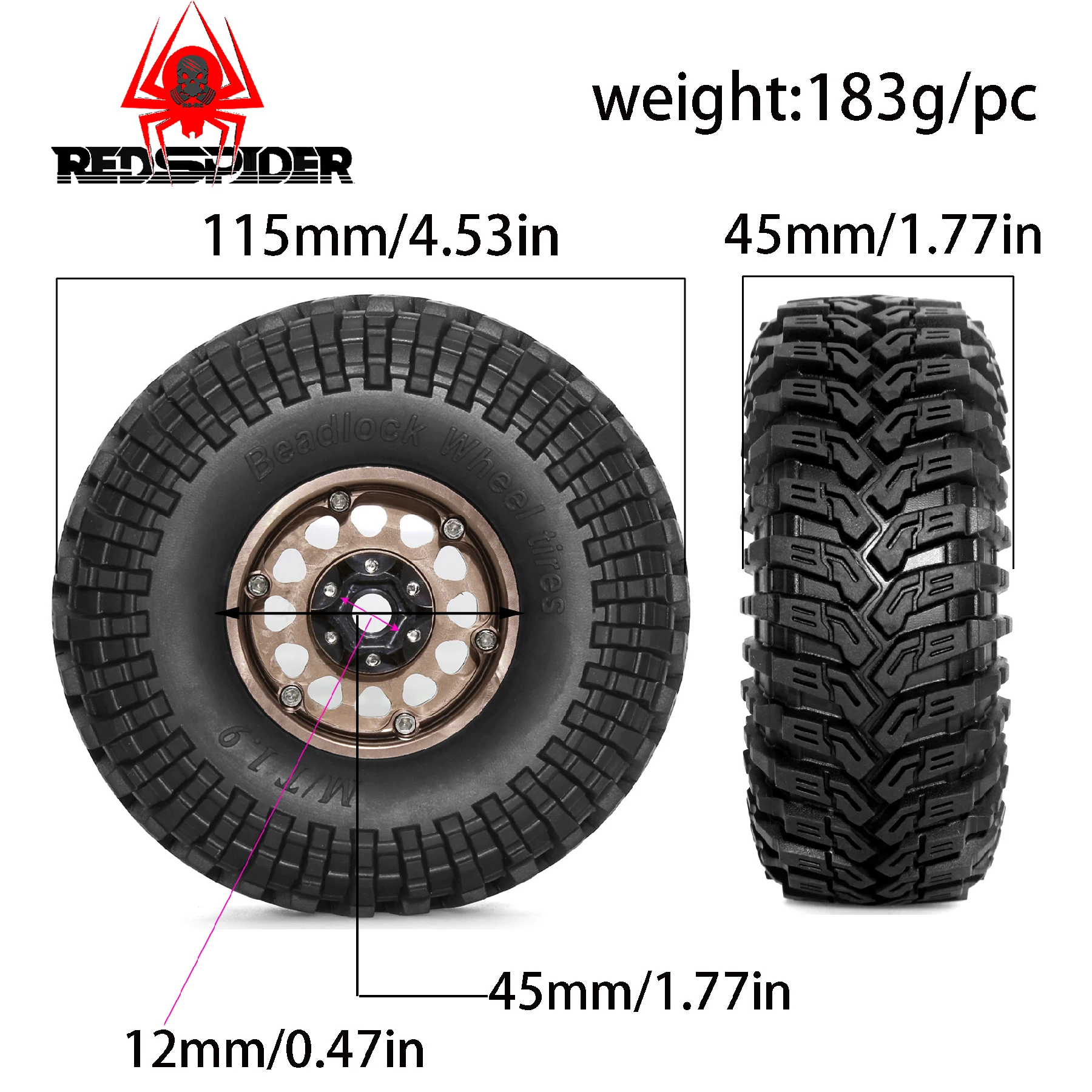 1.9インチ ビードロックホイール＆タイヤ（4個） -8.9mmオフセット、4.53インチ外径 - 1/10 RCクローラー TRX4/TRX6、SCX10（90046）、CC01、D90/D110用