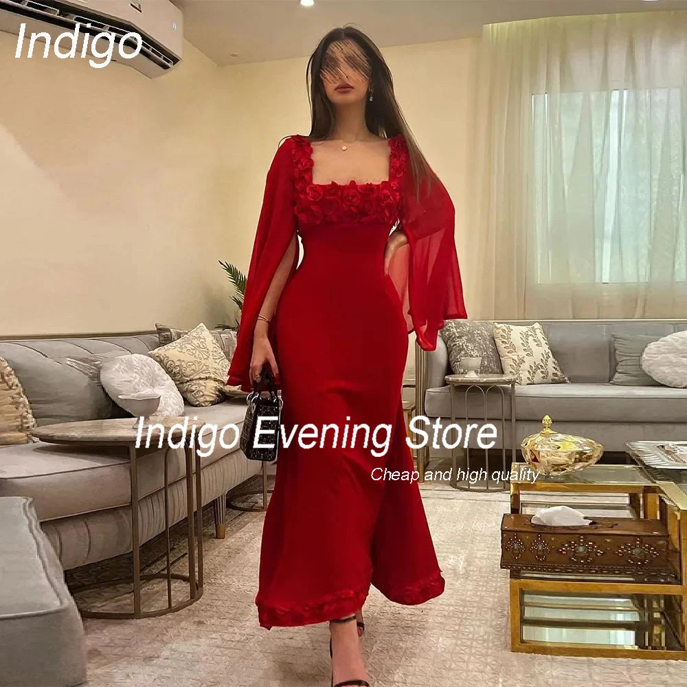 Indigo Elegancka suknia wieczorowa z kwadratowym kołnierzykiem i długim rękawem 3D Flowers Ankle-Length Custom Made Party Prom Gown Formal فساتين السهرة